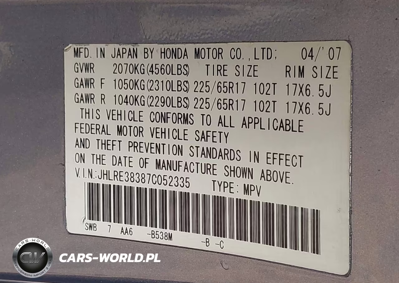 2007 Honda Cr-V Lx VIN:JHLRE38387C052335 - 9