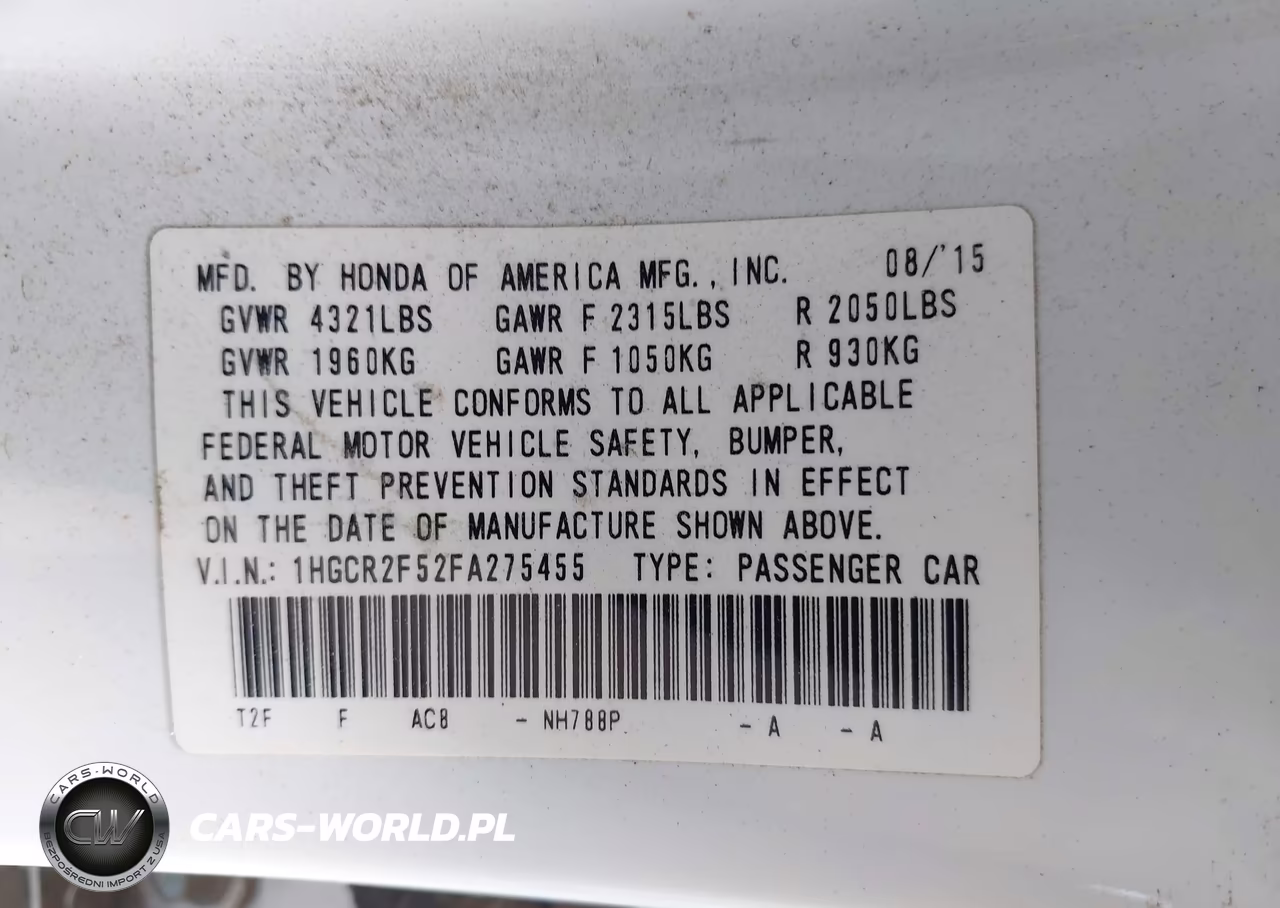 2015 Honda Accord Sport VIN:1HGCR2F52FA275455 - 9