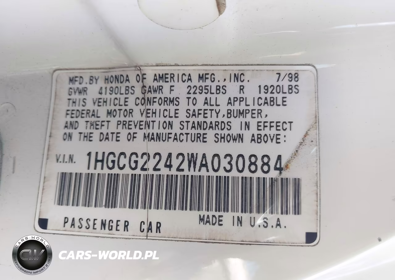 1998 Honda Accord Lx V6 VIN:1HGCG2242WA030884 - 9
