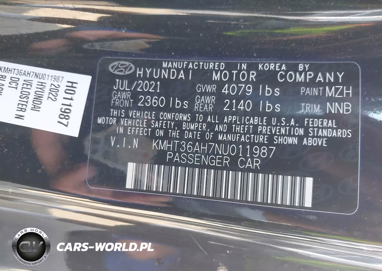 2022 Hyundai Veloster N VIN:KMHT36AH7NU011987 - 9