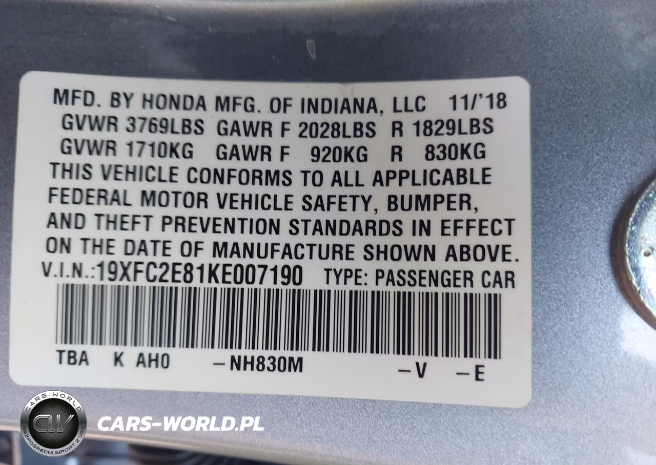 2019 Honda Civic Sport VIN:19XFC2E81KE007190 - 9