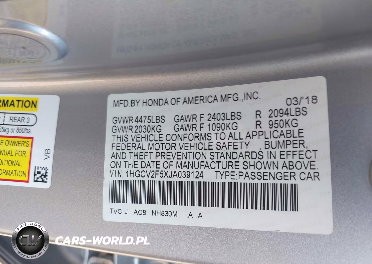 2018 Honda Accord Ex-L 2.0T VIN:1HGCV2F5XJA039124 - 9