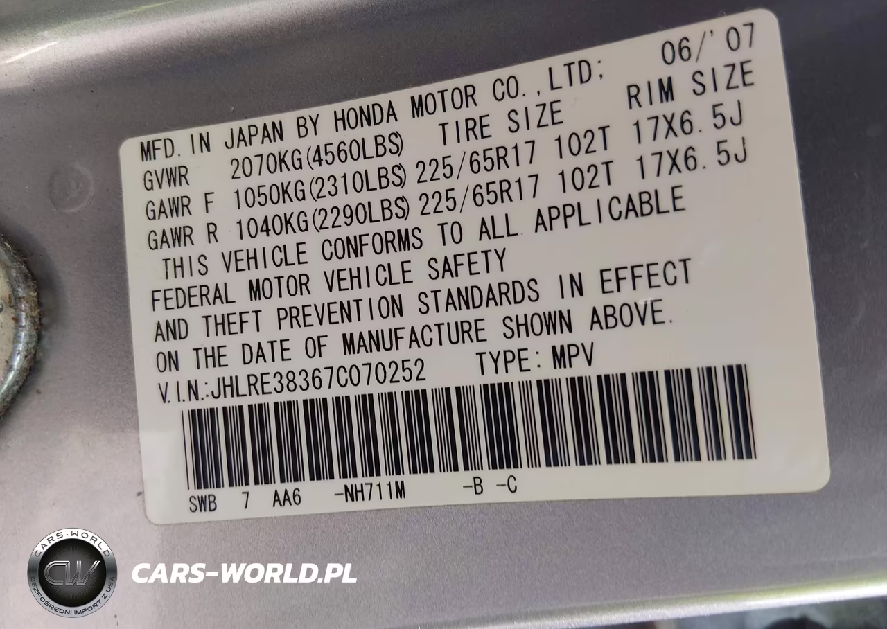 2007 Honda Cr-V Lx VIN:JHLRE38367C070252 - 9