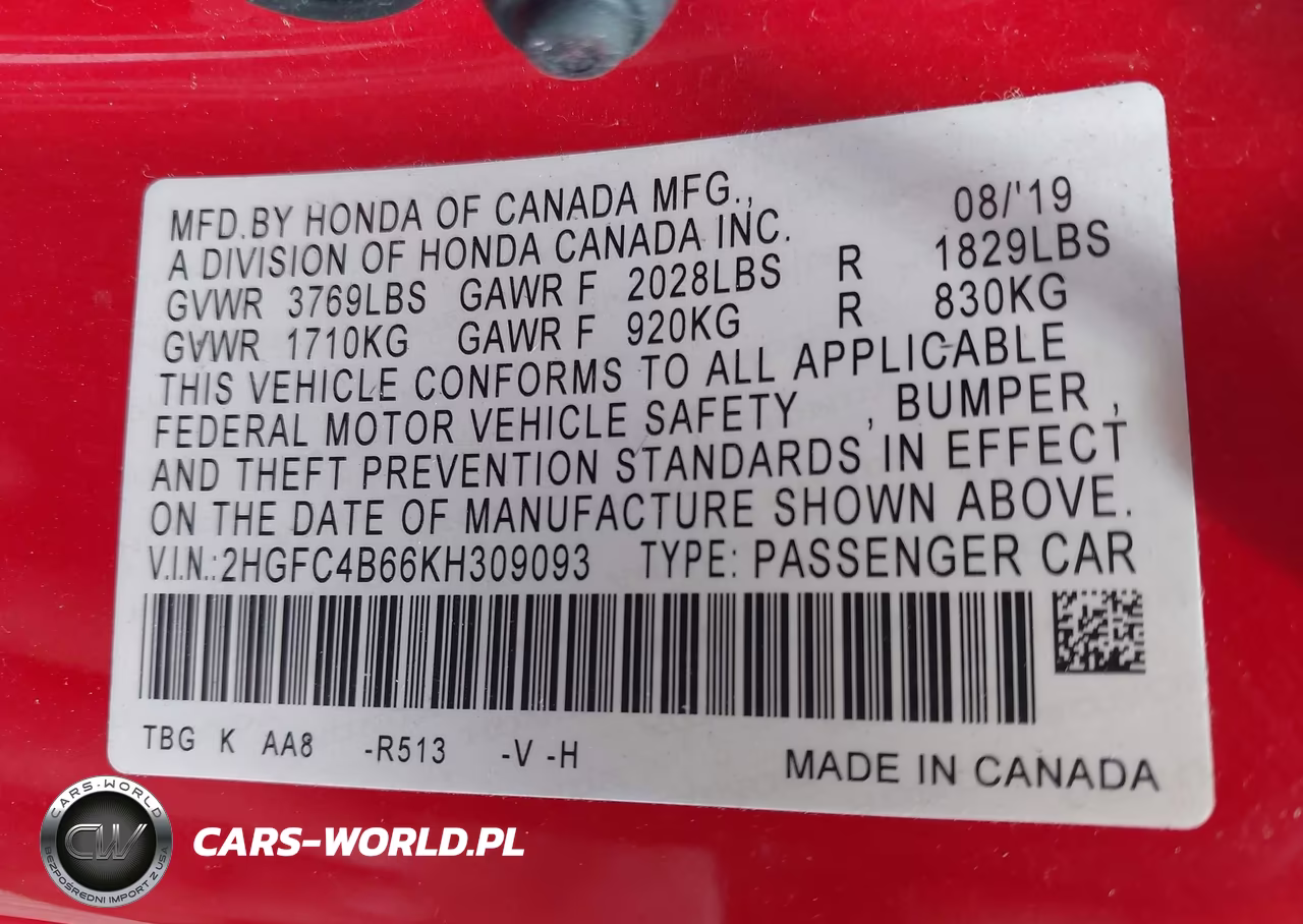 2019 Honda Civic Lx VIN:2HGFC4B66KH309093 - 9