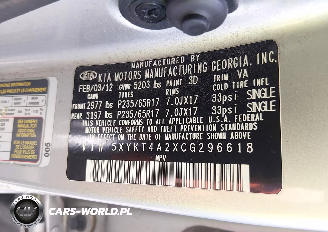 2012 Kia Sorento Lx V6 VIN:5XYKT4A2XCG296618 - 9