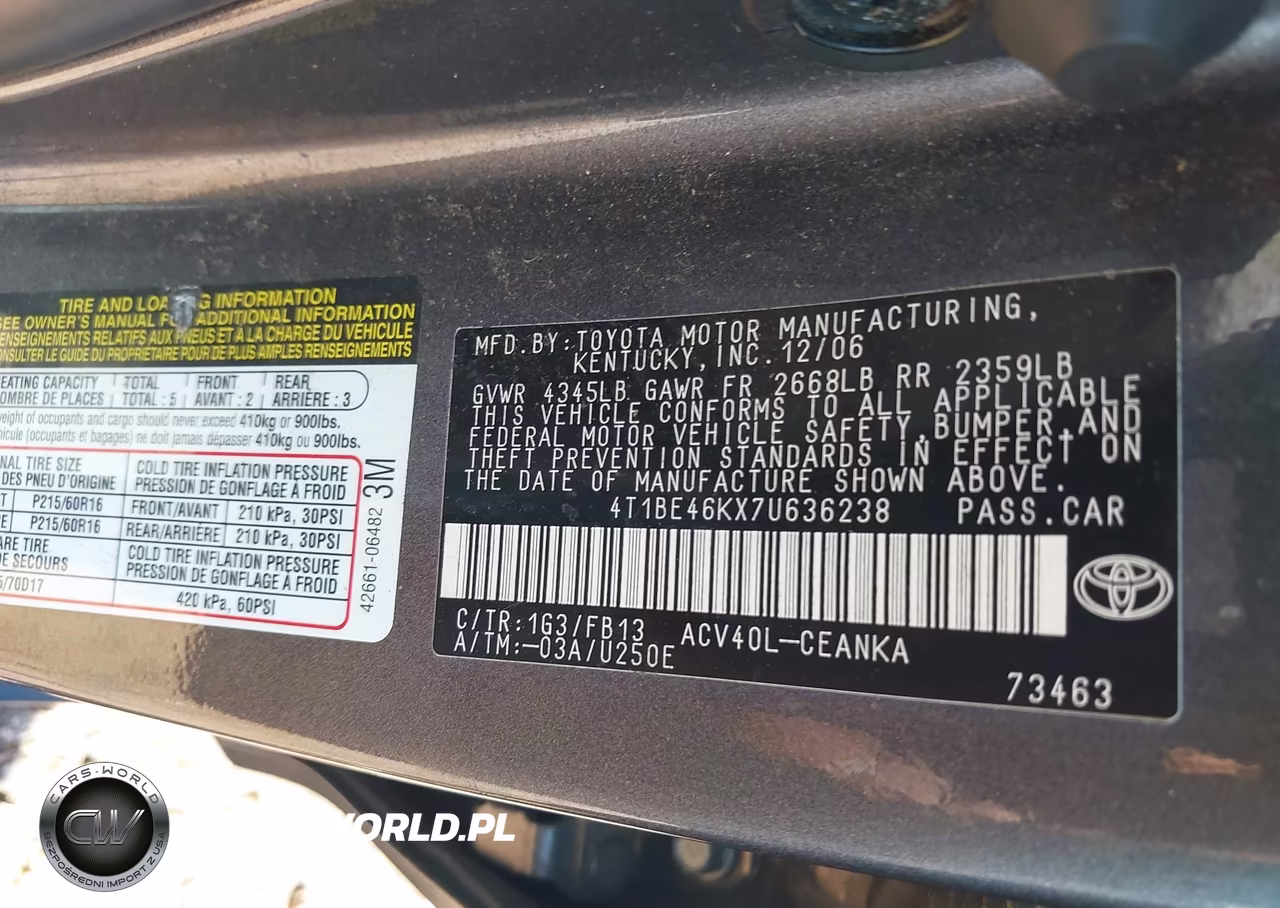 2007 Toyota Camry Le VIN:4T1BE46KX7U636238 - 9