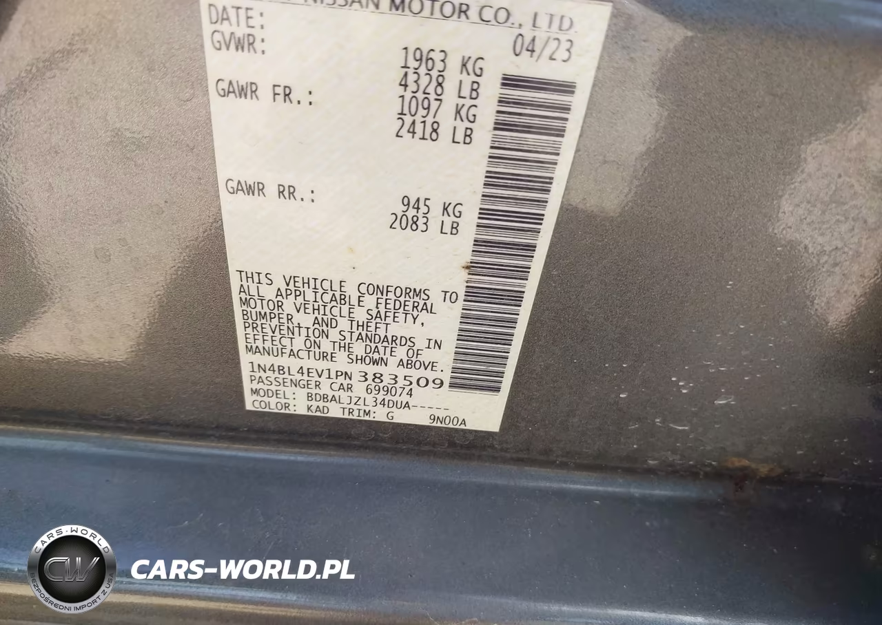 2023 Nissan Altima Sl Fwd VIN:1N4BL4EV1PN383509 - 9