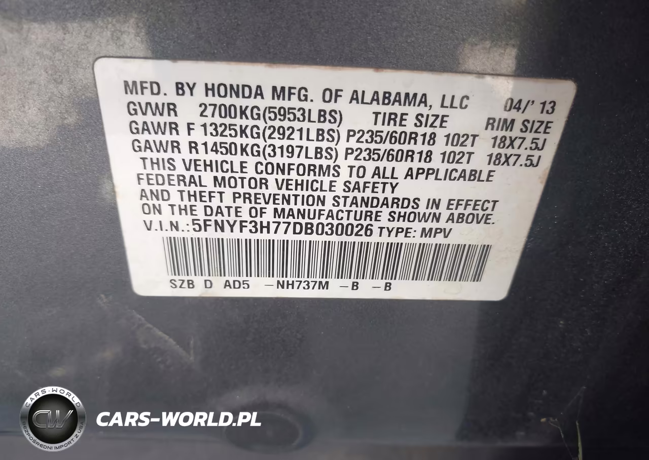 2013 Honda Pilot Ex-L VIN:5FNYF3H77DB030026 - 9