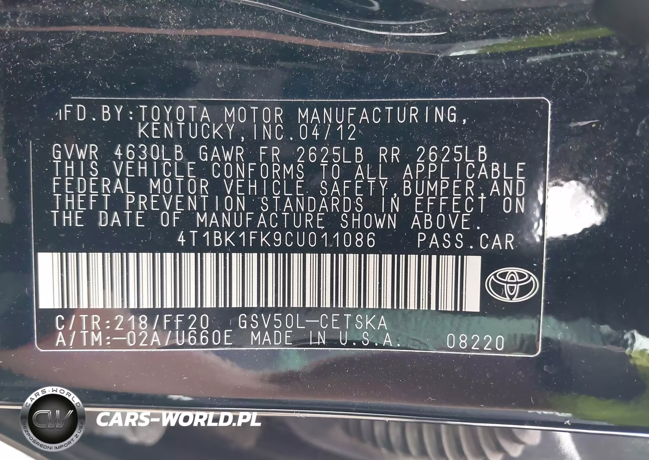2012 Toyota Camry Se V6 VIN:4T1BK1FK9CU011086 - 9