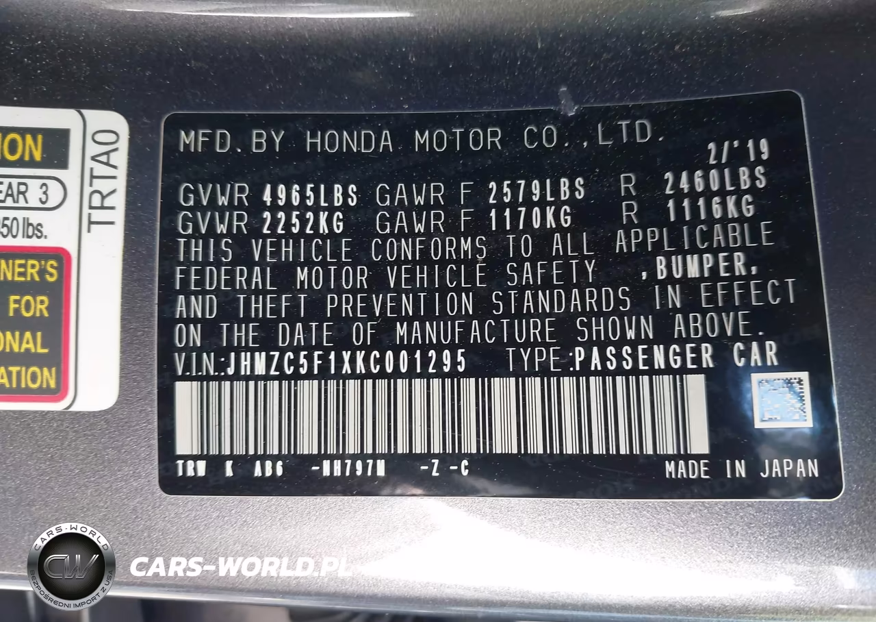 2019 Honda Clarity Plug-In Hybrid VIN:JHMZC5F1XKC001295 - 9