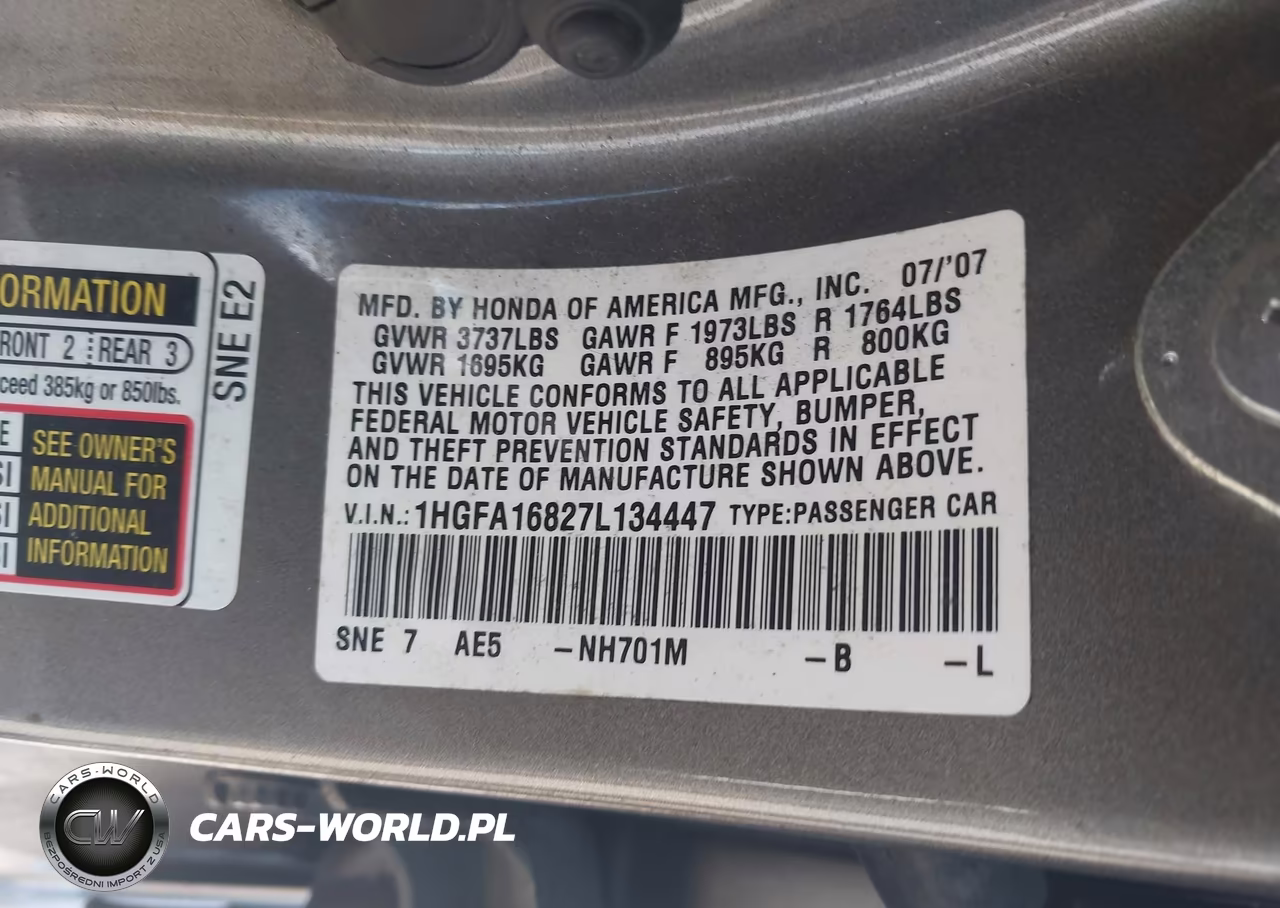 2007 Honda Civic Ex VIN:1HGFA16827L134447 - 9