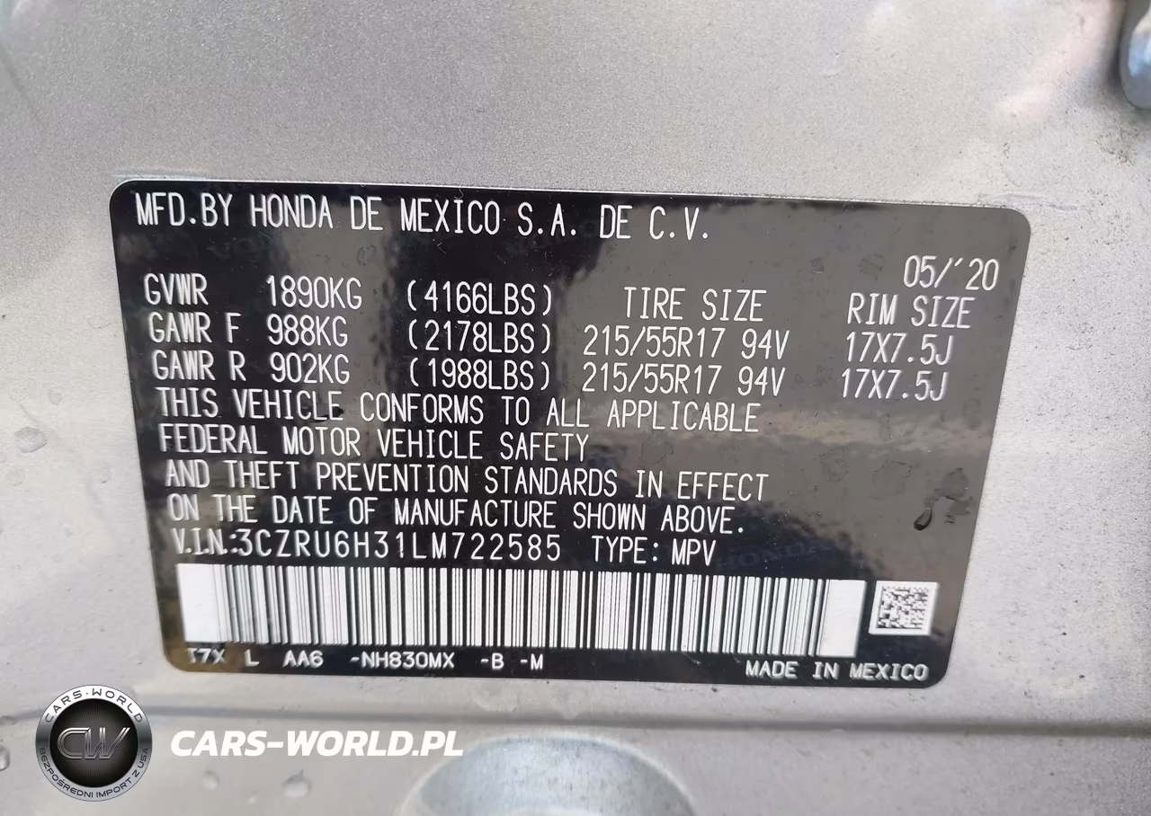2020 Honda Hr-V Awd Lx VIN:3CZRU6H31LM722585 - 9