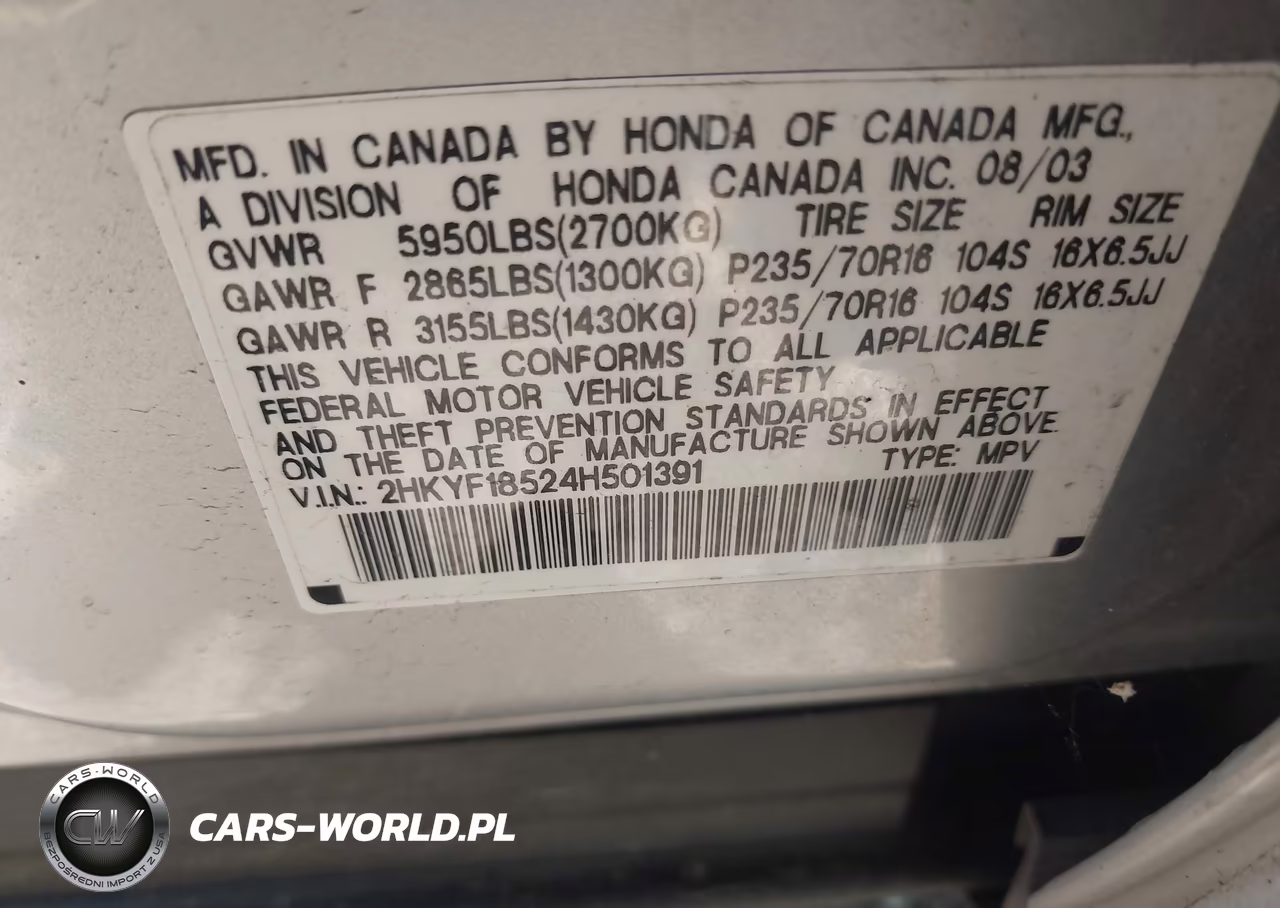 2004 Honda Pilot Ex-L VIN:2HKYF18524H501391 - 9