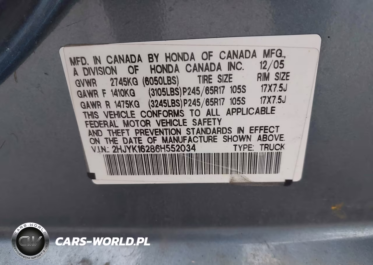 2006 Honda Ridgeline Rt VIN:2HJYK16286H552034 - 9