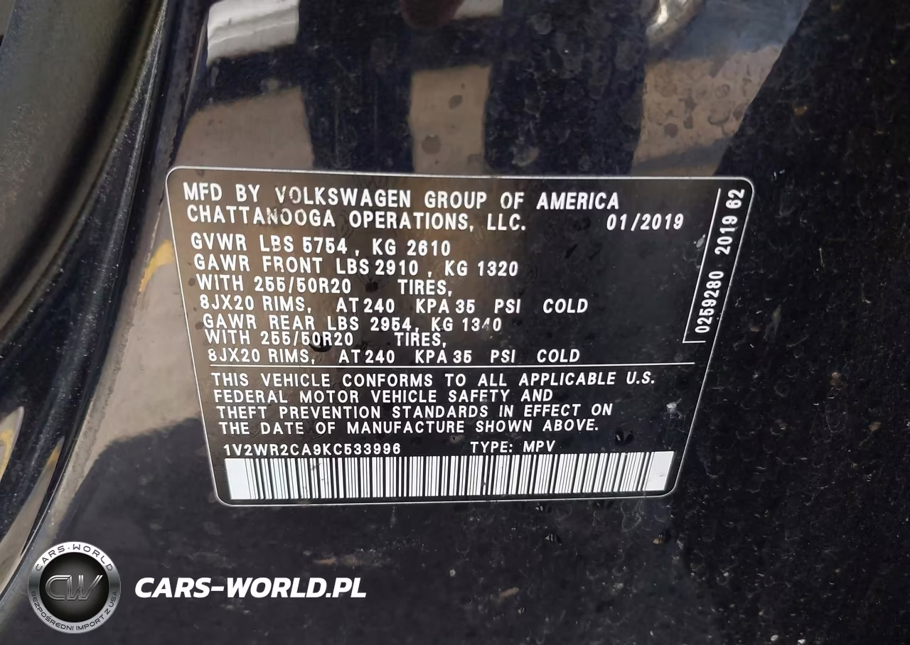 2019 Volkswagen Atlas 3.6L V6 Se W-Technology VIN:1V2WR2CA9KC533996 - 9