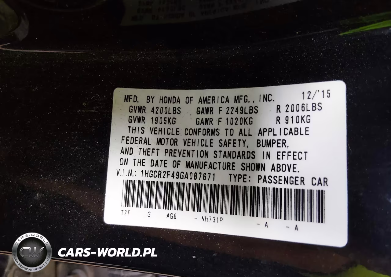 2016 Honda Accord Lx VIN:1HGCR2F49GA087671 - 9
