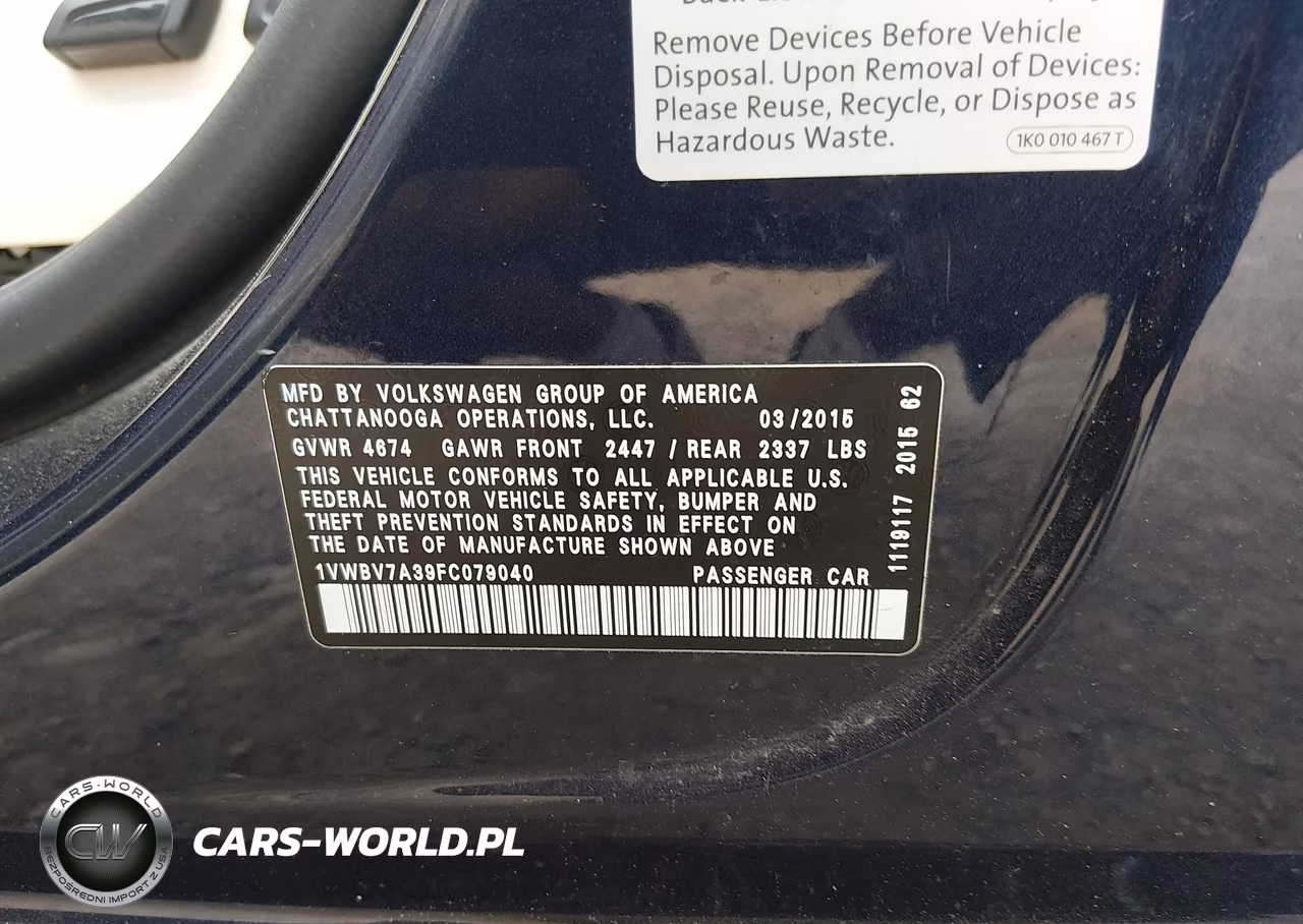 2015 Volkswagen Passat 2.0L Tdi Se VIN:1VWBV7A39FC079040 - 9