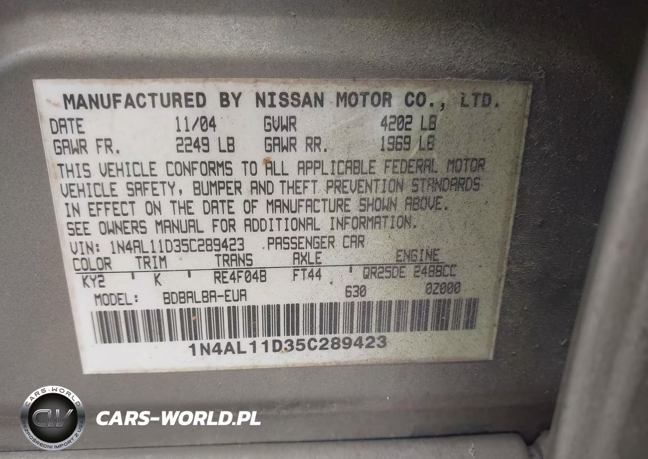 2005 Nissan Altima 2.5 S VIN:1N4AL11D35C289423 - 9
