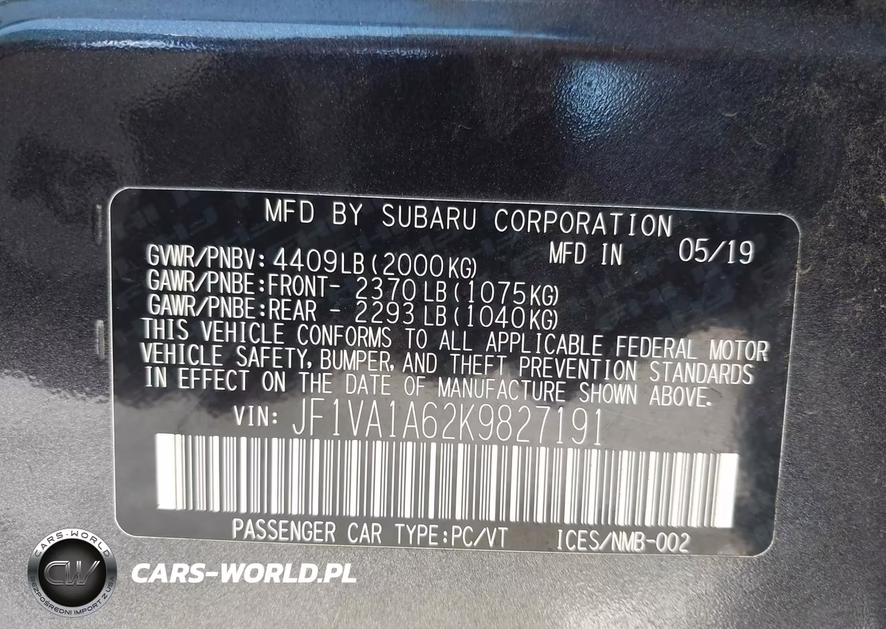 2019 Subaru Wrx VIN:JF1VA1A62K9827191 - 9