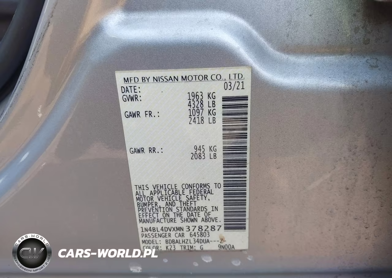 2021 Nissan Altima Sv Fwd VIN:1N4BL4DVXMN378287 - 9