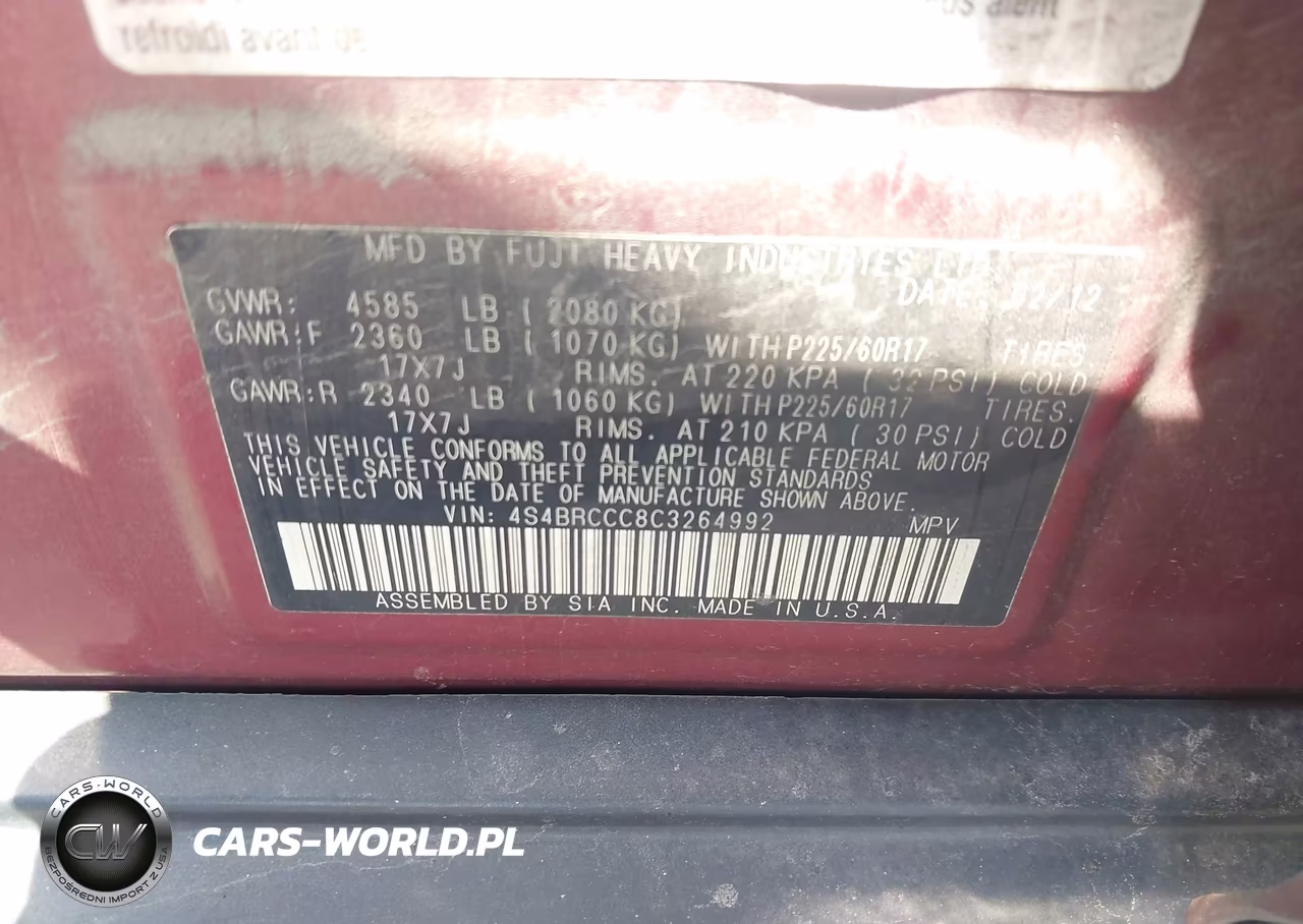 2012 Subaru Outback 2.5I Premium VIN:4S4BRCCC8C3264992 - 9