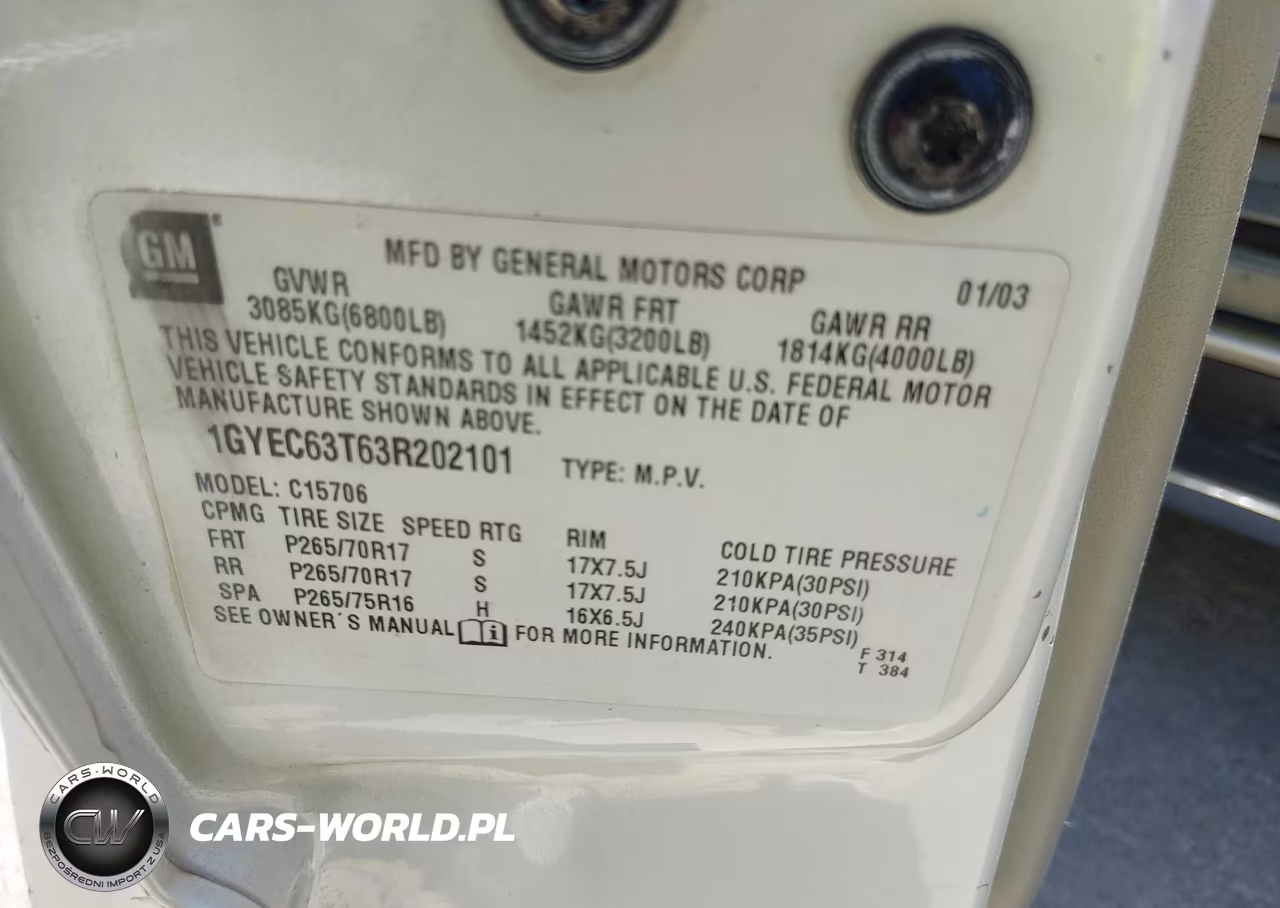 2003 Cadillac Escalade Standard VIN:1GYEC63T63R202101 - 9