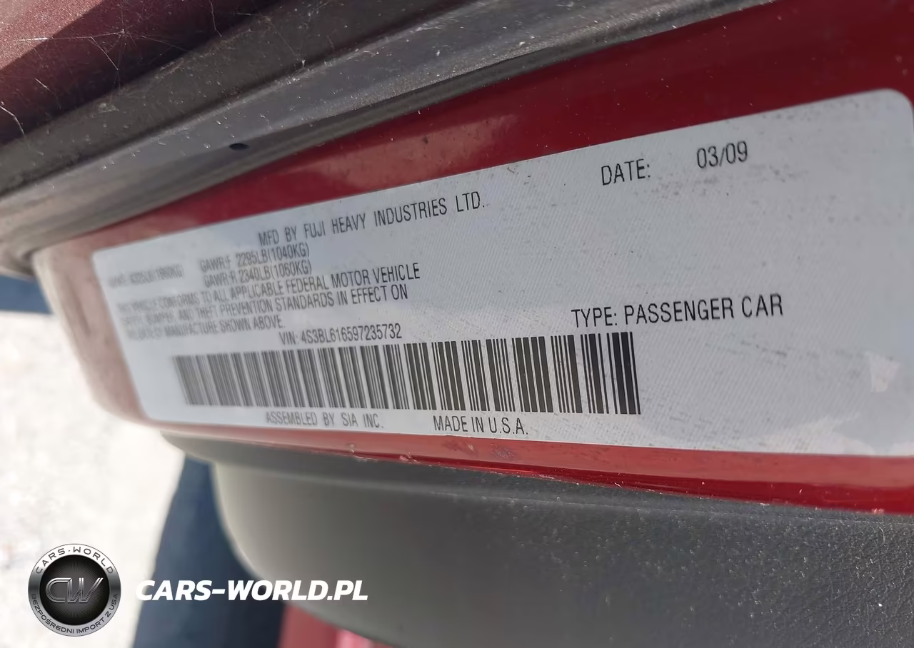 2009 Subaru Legacy 2.5I VIN:4S3BL616597235732 - 9