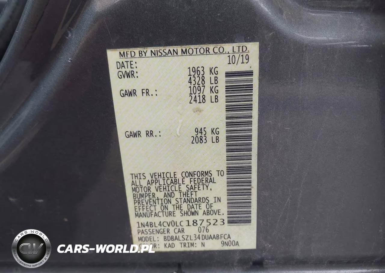 2020 Nissan Altima Sr Fwd VIN:1N4BL4CV0LC187523 - 9