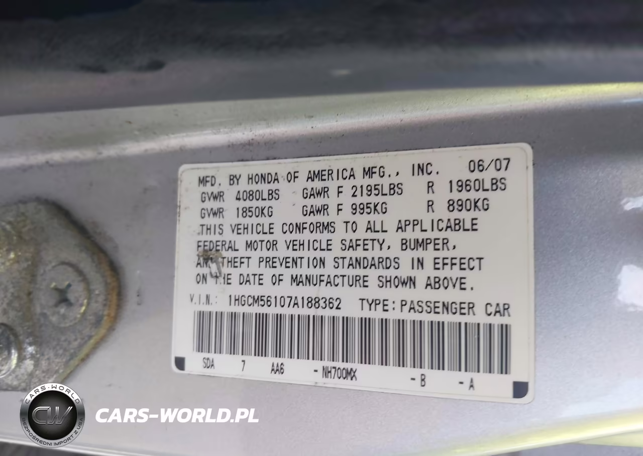 2007 Honda Accord 2.4 Vp VIN:1HGCM56107A188362 - 9