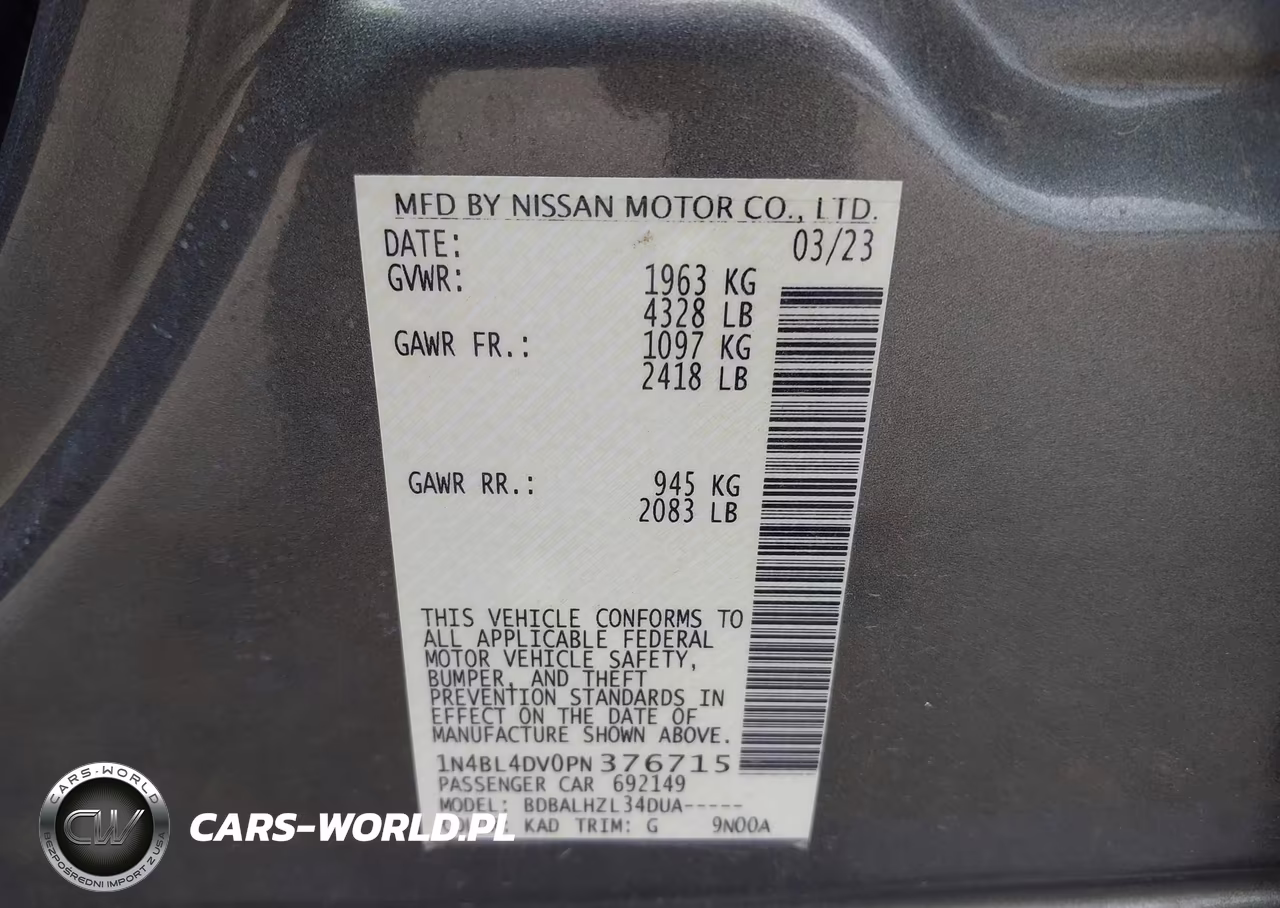 2023 Nissan Altima Sv Fwd VIN:1N4BL4DV0PN376715 - 9