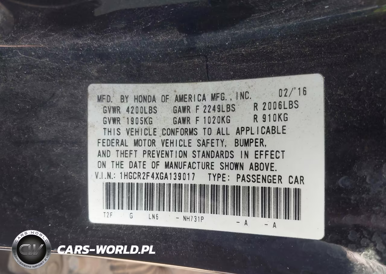2016 Honda Accord Lx VIN:1HGCR2F4XGA139017 - 9