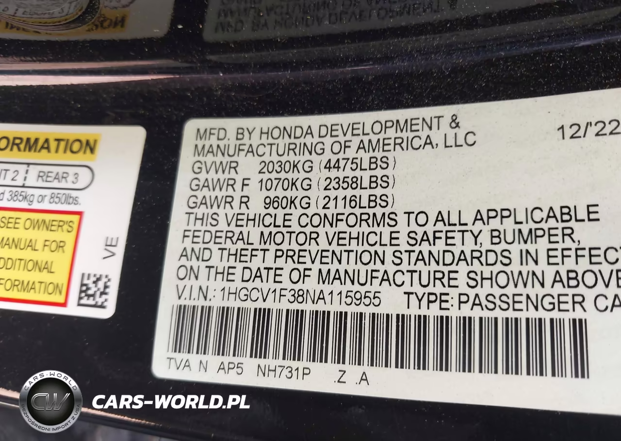 2022 Honda Accord Sport VIN:1HGCV1F38NA115955 - 9