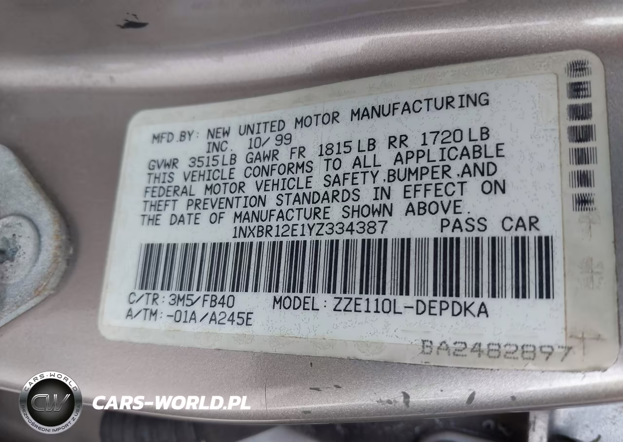 2000 Toyota Corolla Ce VIN:1NXBR12E1YZ334387 - 9