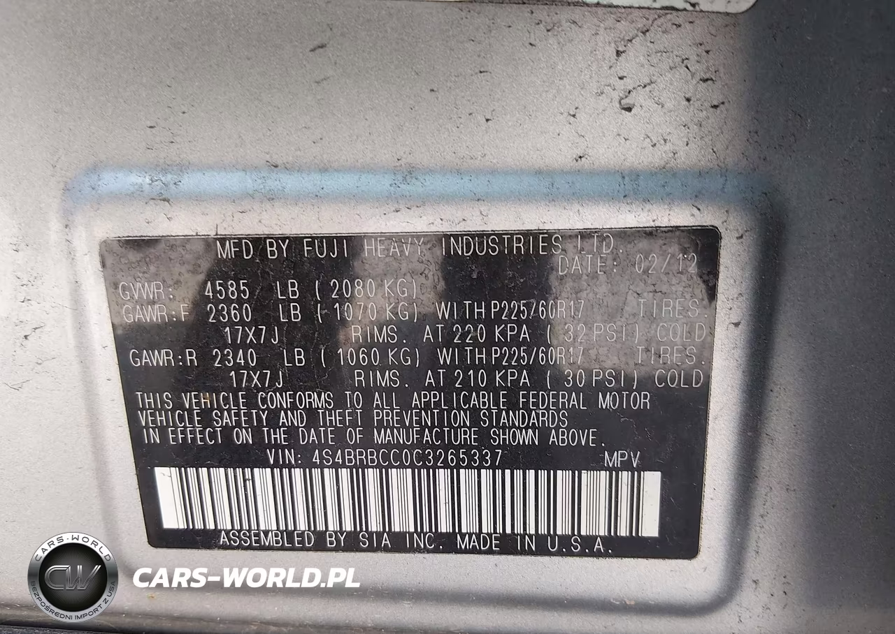 2012 Subaru Outback 2.5I Premium VIN:4S4BRBCC0C3265337 - 9