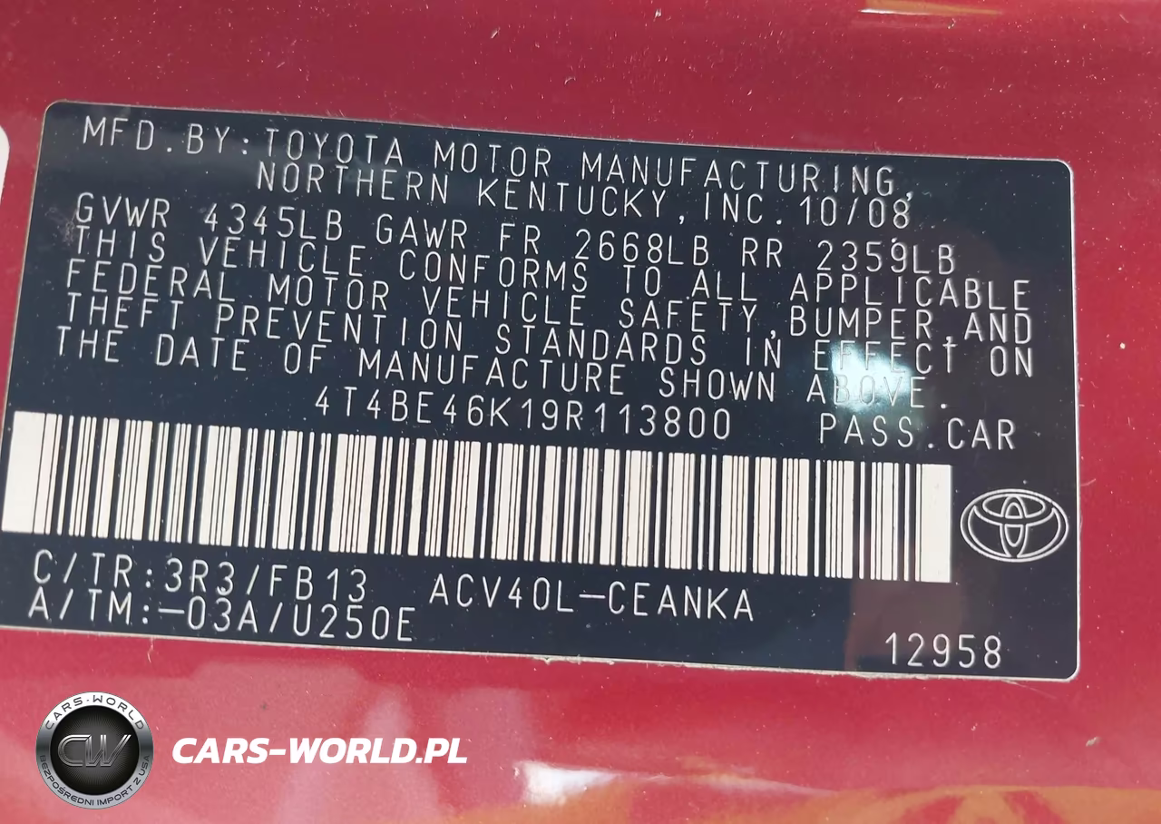 2009 Toyota Camry Le VIN:4T4BE46K19R113800 - 9