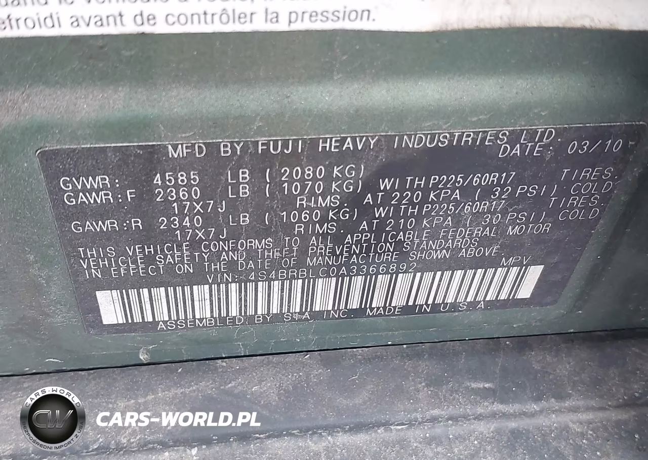 2010 Subaru Outback 2.5I Limited VIN:4S4BRBLC0A3366892 - 9