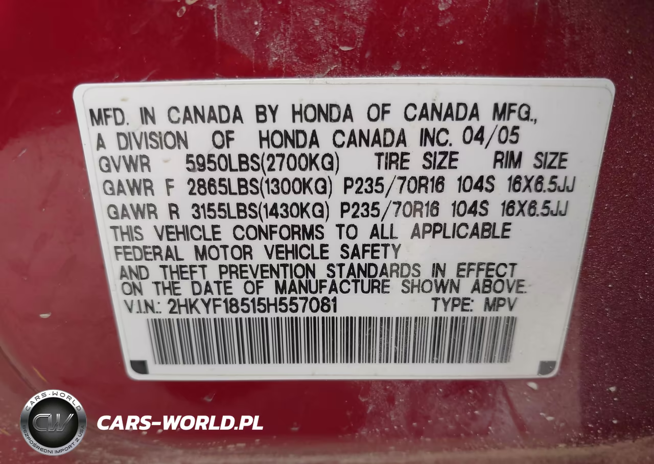 2005 Honda Pilot Ex-L VIN:2HKYF18515H557081 - 9