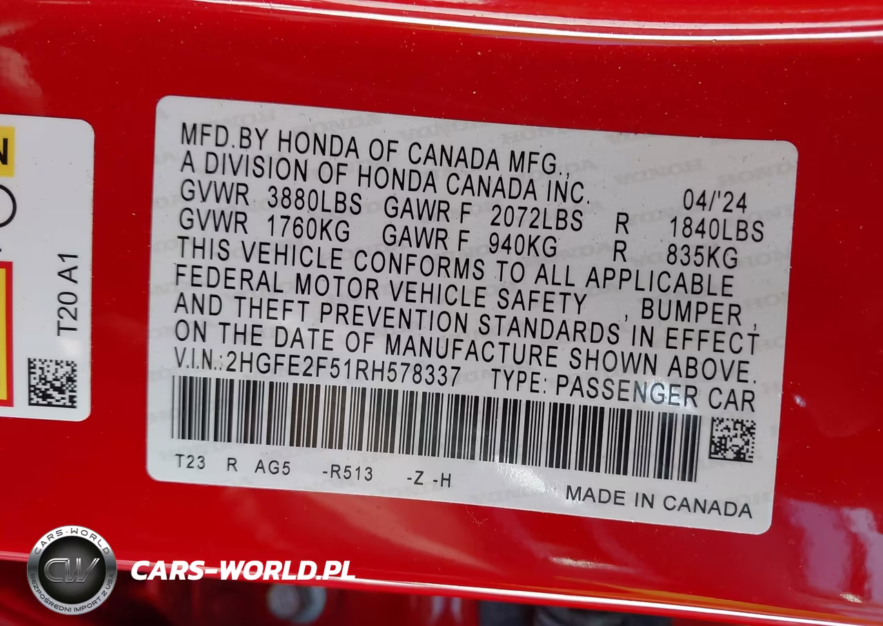2024 Honda Civic Sport VIN:2HGFE2F51RH578337 - 9