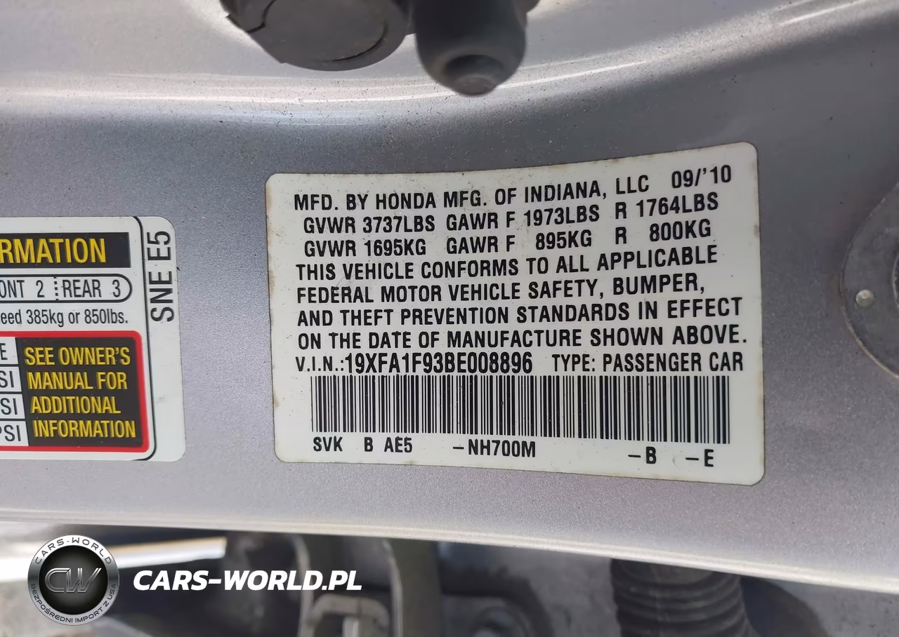 2011 Honda Civic Ex-L VIN:19XFA1F93BE008896 - 9