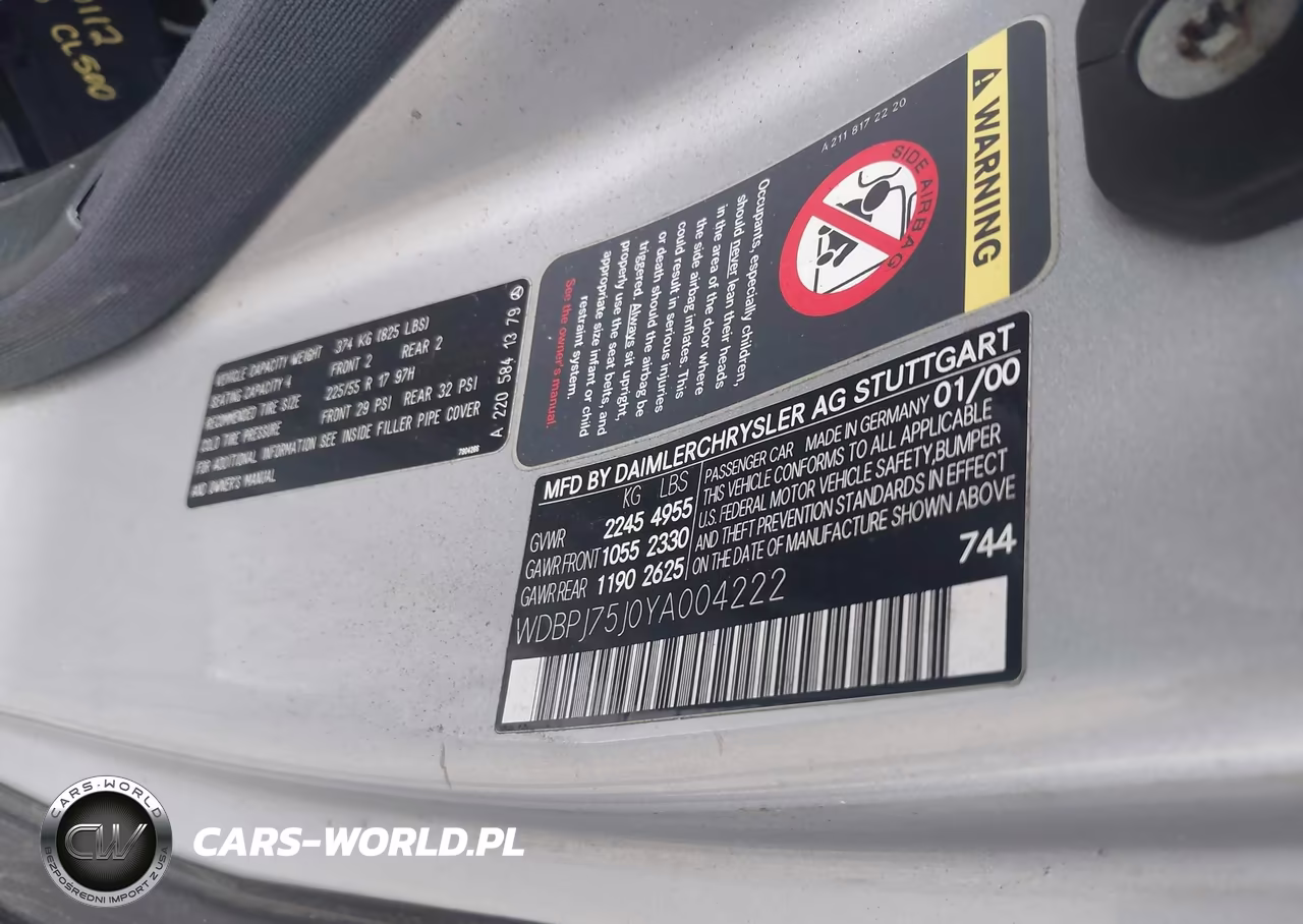 2000 Mercedes-Benz Cl 500 VIN:WDBPJ75J0YA004222 - 9