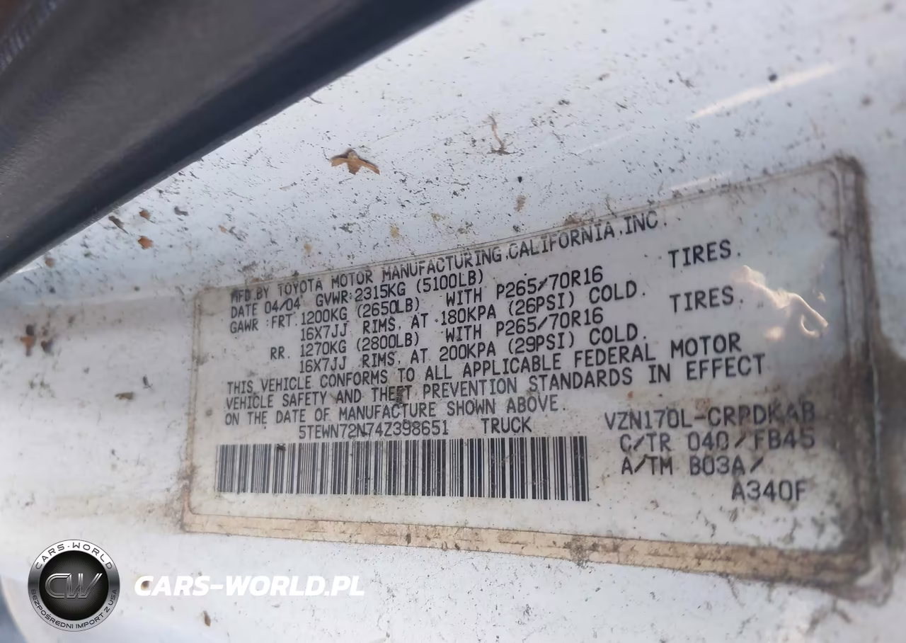 2004 Toyota Tacoma Base V6 VIN:5TEWN72N74Z398651 - 9