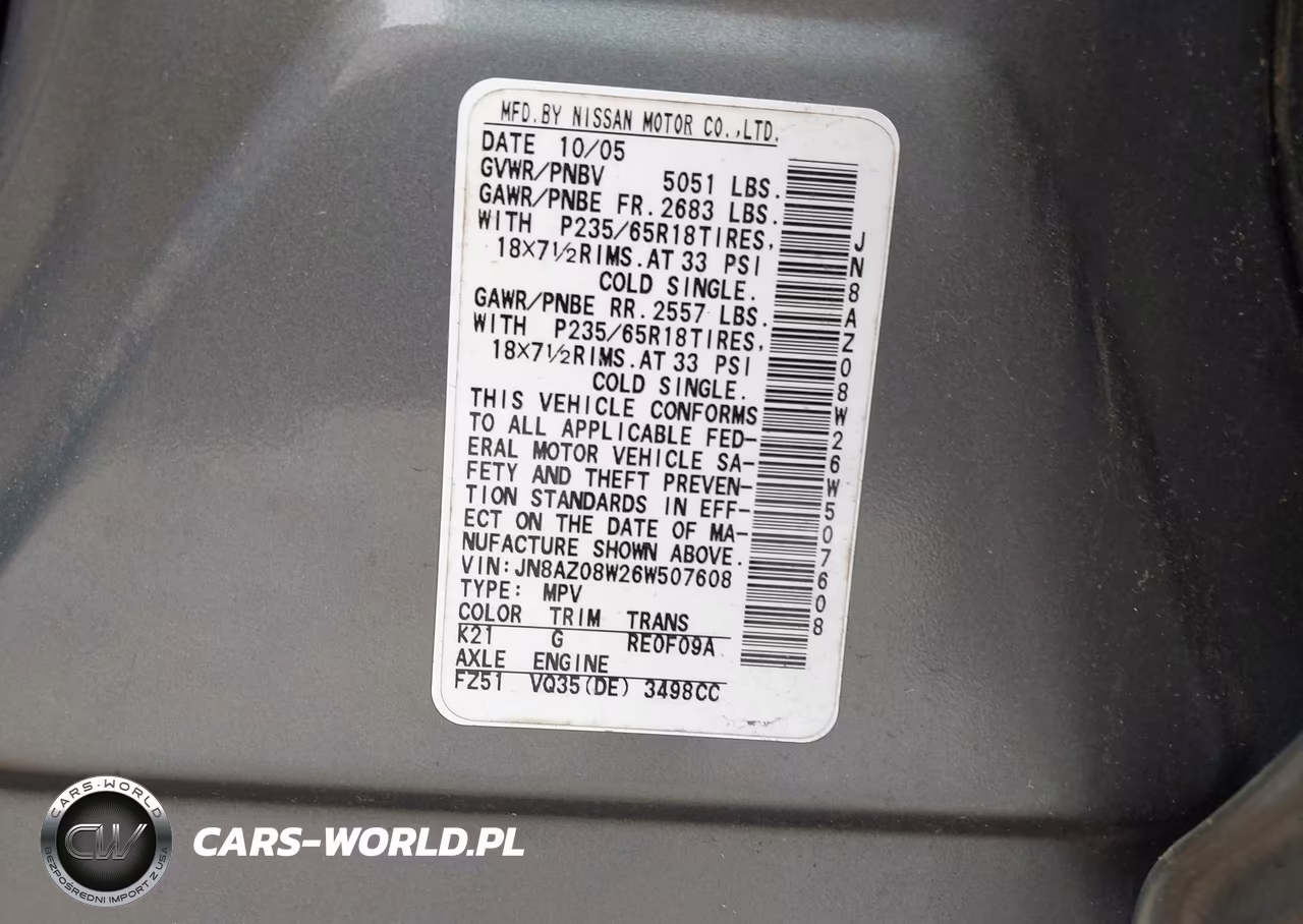 2006 Nissan Murano Sl VIN:JN8AZ08W26W507608 - 9