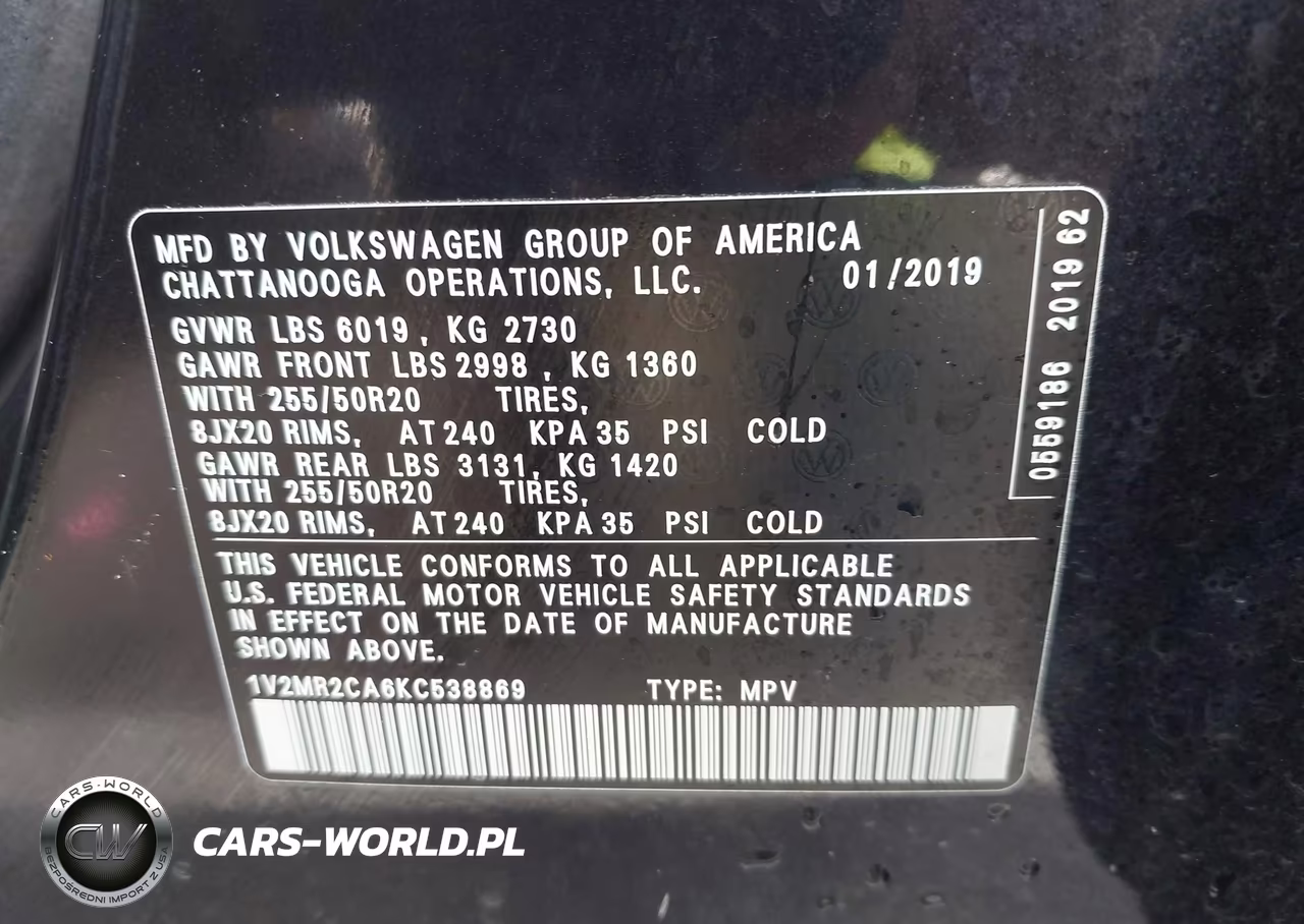 2019 Volkswagen Atlas 3.6L V6 Sel VIN:1V2MR2CA6KC538869 - 9
