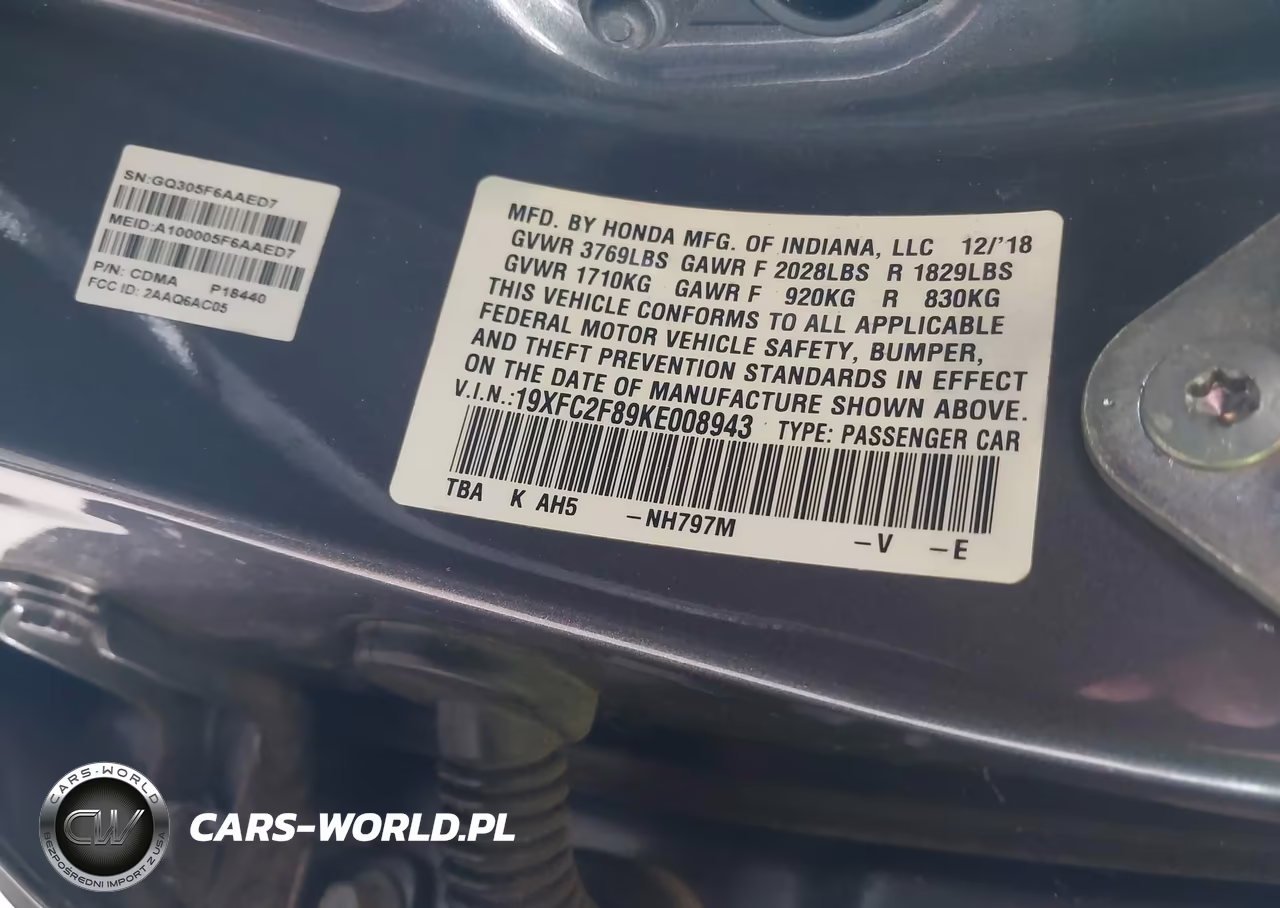 2019 Honda Civic Sport VIN:19XFC2F89KE008943 - 9
