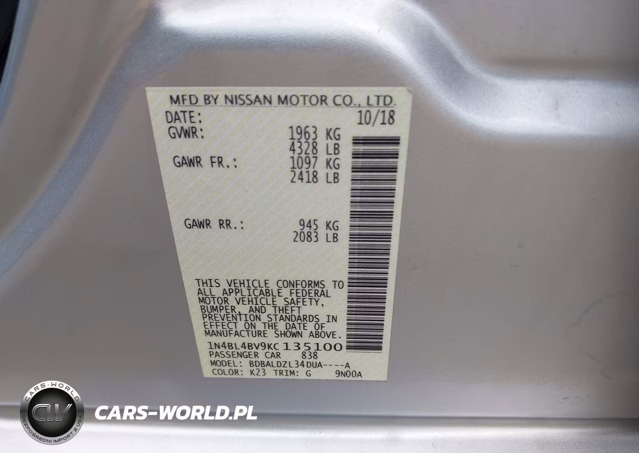 2019 Nissan Altima 2.5 S VIN:1N4BL4BV9KC135100 - 9
