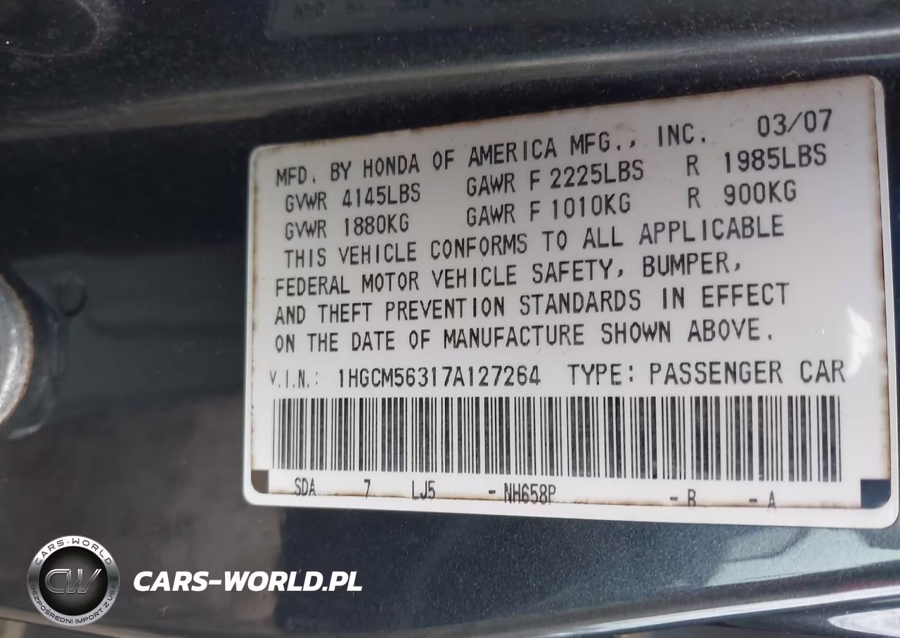 2007 Honda Accord 2.4 Se VIN:1HGCM56317A127264 - 9