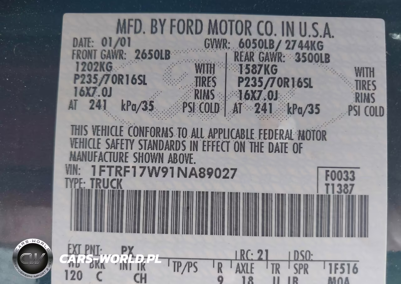 2001 Ford F-150 Xl-Xlt VIN:1FTRF17W91NA89027 - 9