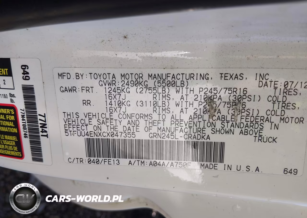 2012 Toyota Tacoma Base V6 VIN:5TFUU4ENXCX047355 - 9