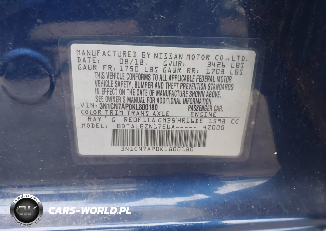 2019 Nissan Versa 1.6 Sv VIN:3N1CN7AP0KL800180 - 9
