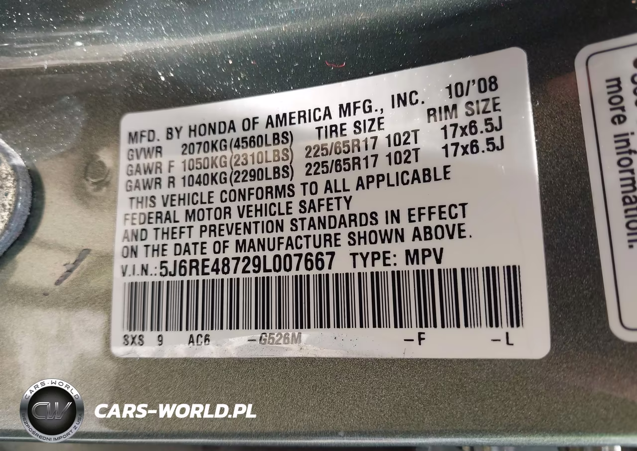 2009 Honda Cr-V Ex-L VIN:5J6RE48729L007667 - 9